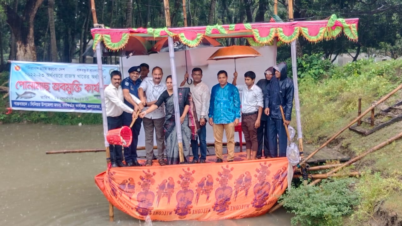 কলারোয়ায় বিভিন্ন জলাশয়ে মাছের পোনা অবমুক্ত